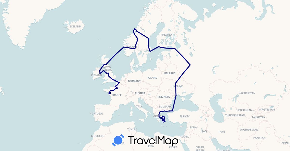 TravelMap itinerary: driving in Finland, France, United Kingdom, Greece, Ireland, Isle of Man, Norway, Russia, Sweden, Turkey, Ukraine (Asia, Europe)